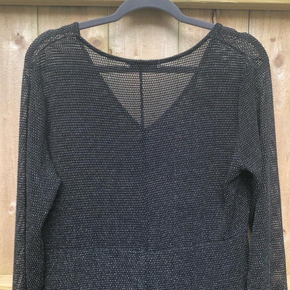 Zara Black Mesh Midi Dress Size L Long Sleeve Metallic Swim Cover V-neck Stretch - Picture 8 of 10